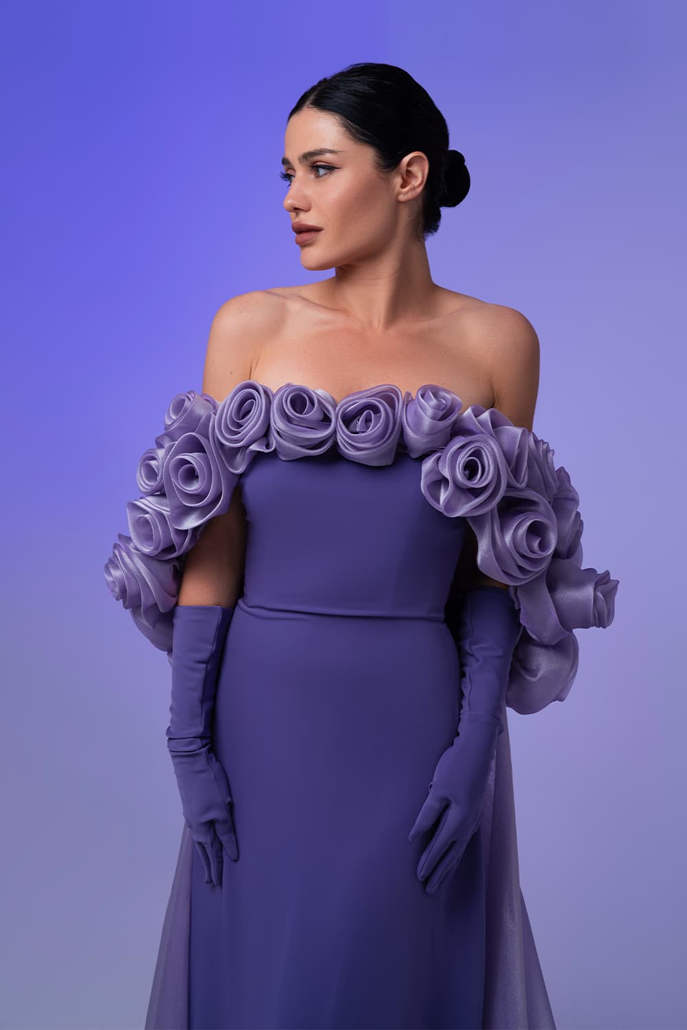 Purple dress with hand-formed rose detailing