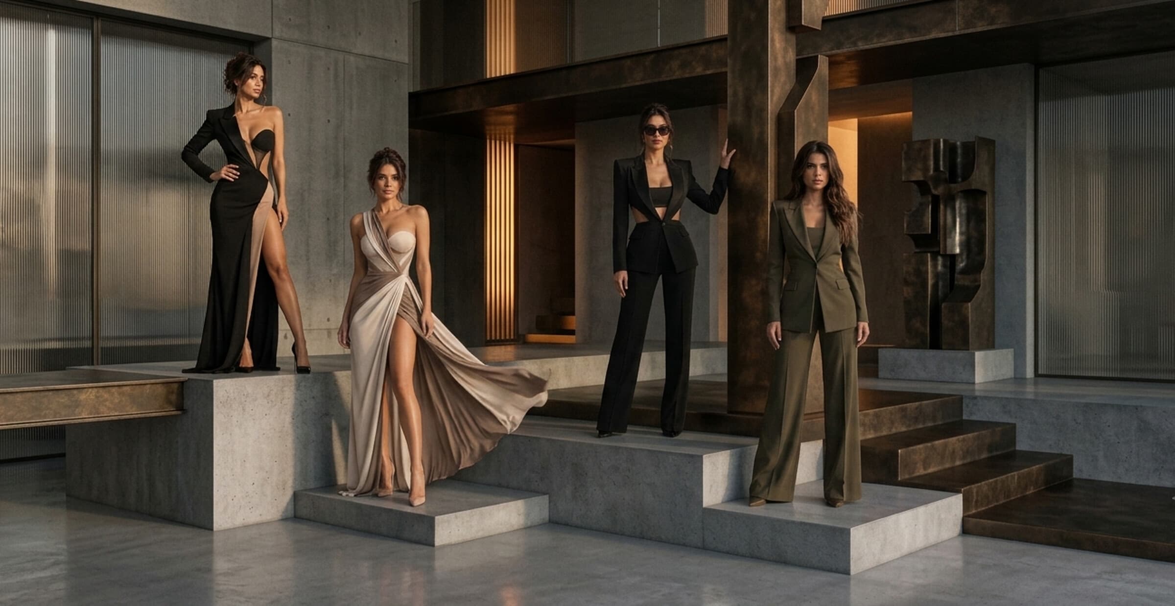 Four models in tailoring and eveningwear on a concrete stairway