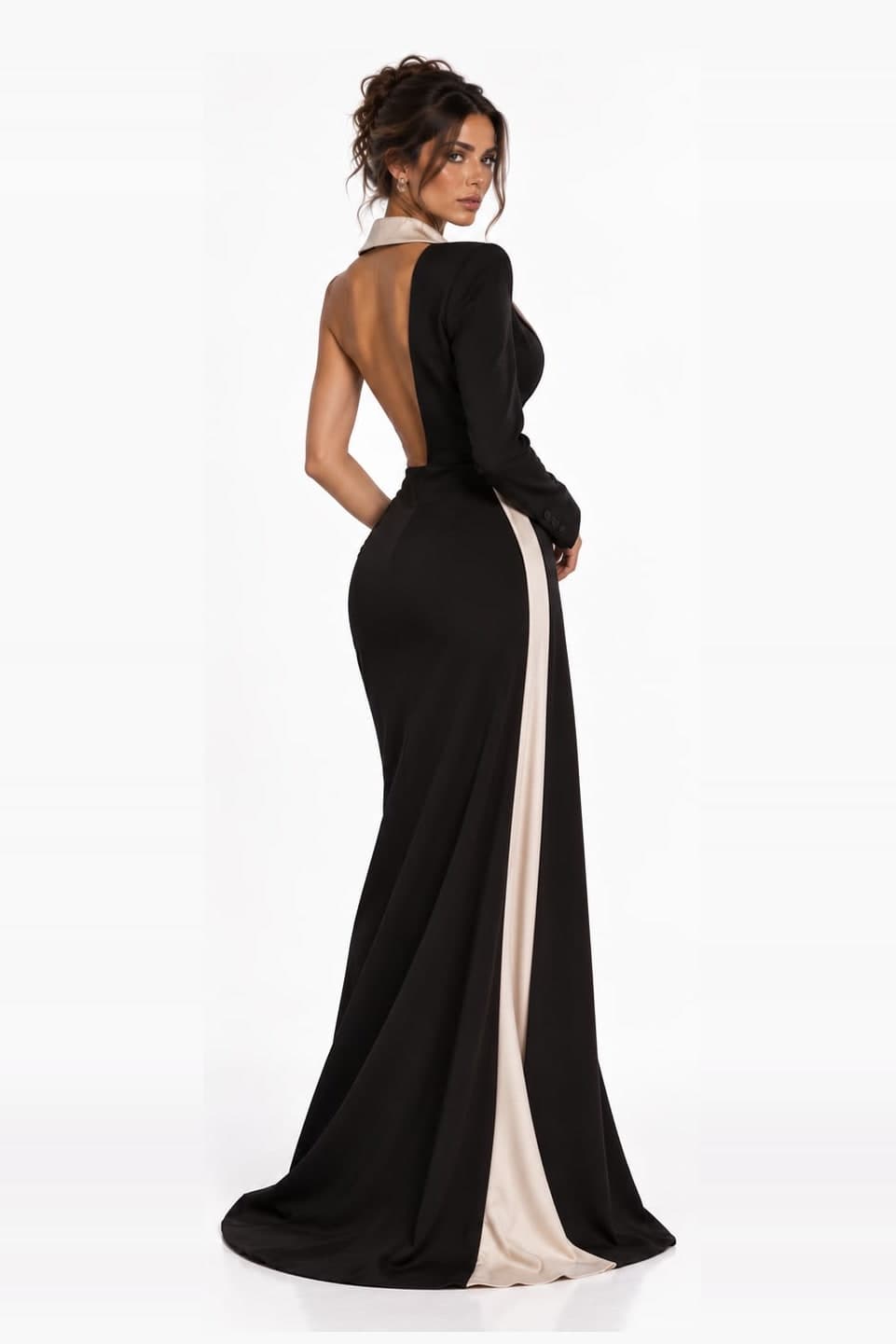 Back of the champagne lapel tuxedo gown, open to the waist