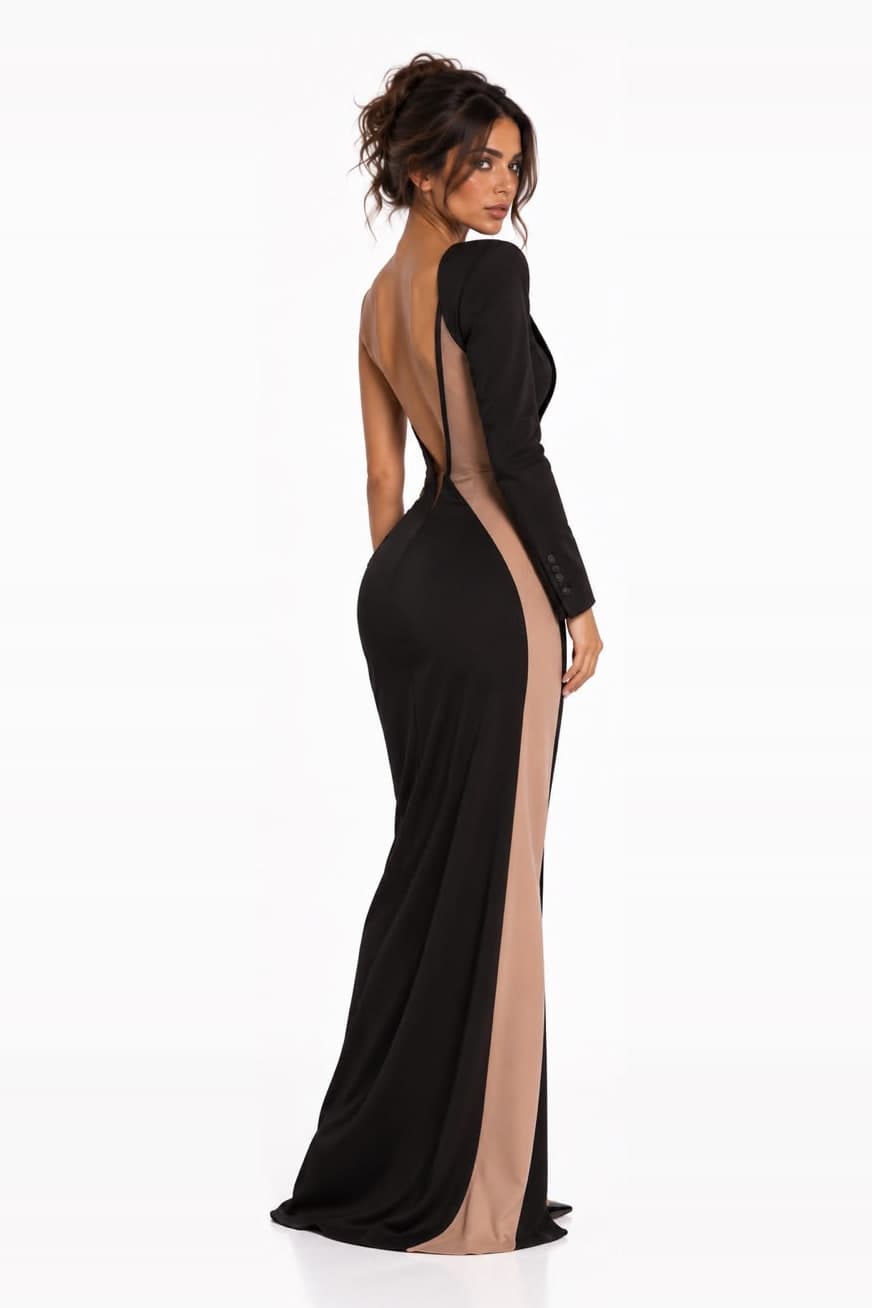 Back of the mocha mesh tuxedo gown, panelled to the hem