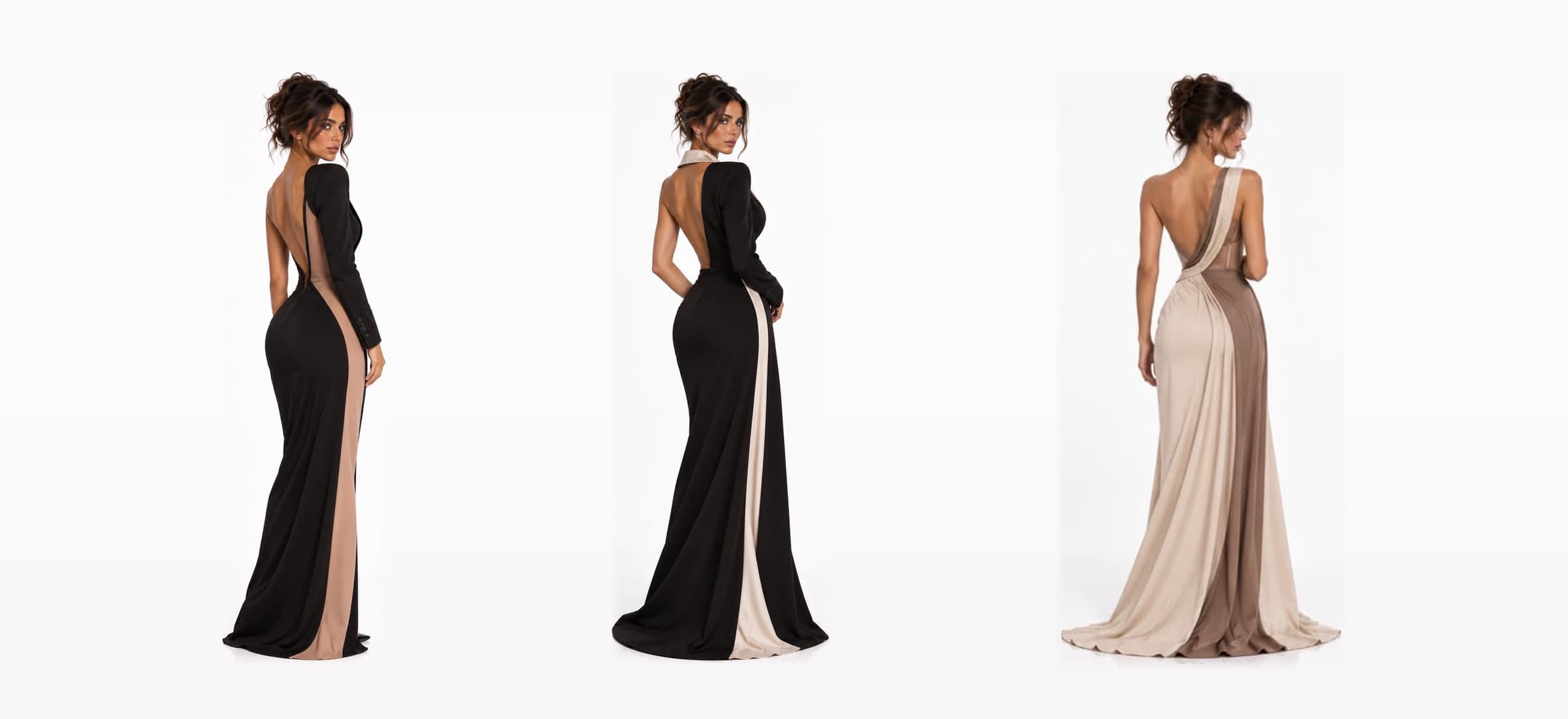 Three gowns from the collection, photographed from behind