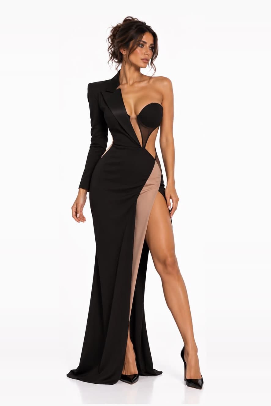 Black gown with mocha mesh inserts, a tuxedo bodice and a high slit