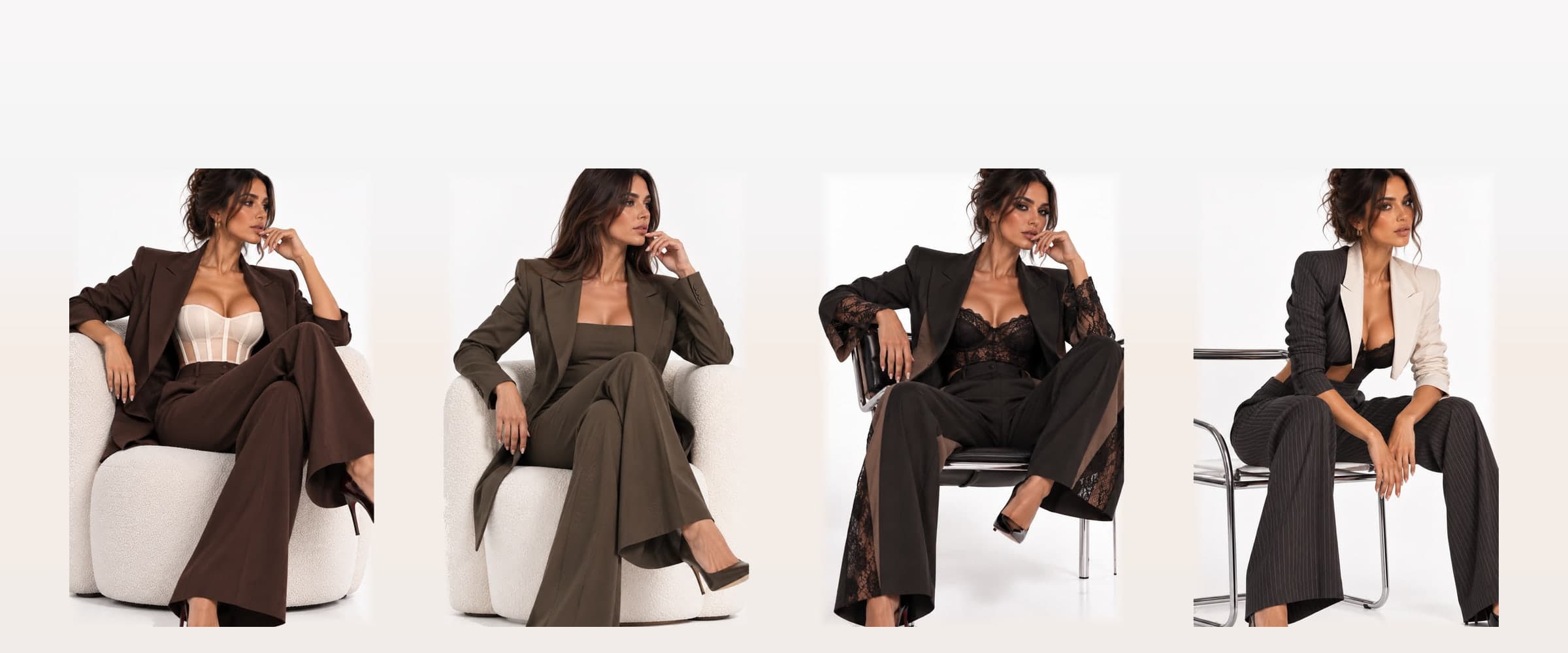 Four tailored looks photographed seated in the studio